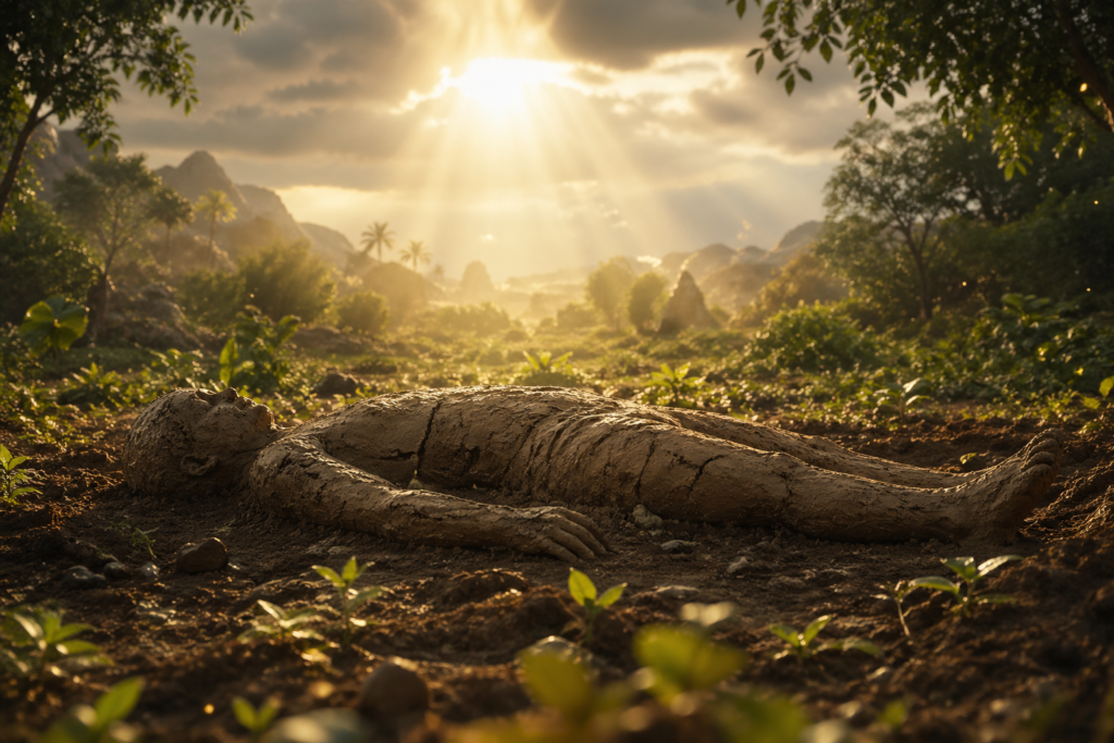 Prophet Adam AS creation scene symbolic clay human form with divine light and lush early earth environment