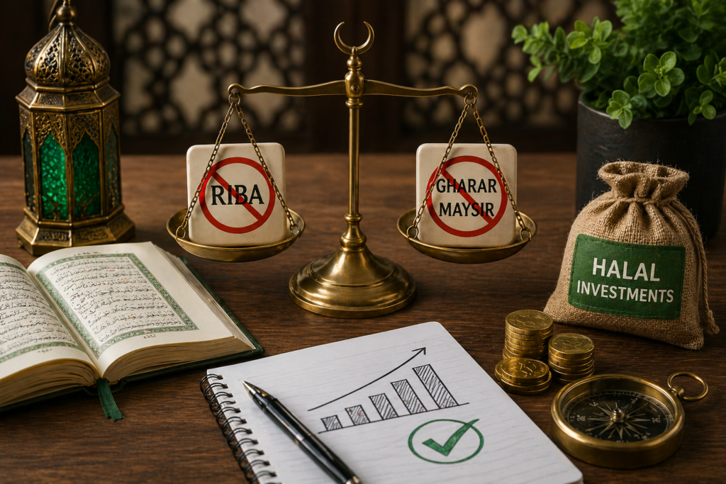 Islamic finance principles showing riba gharar maysir with balance scale Quran and halal investment concept