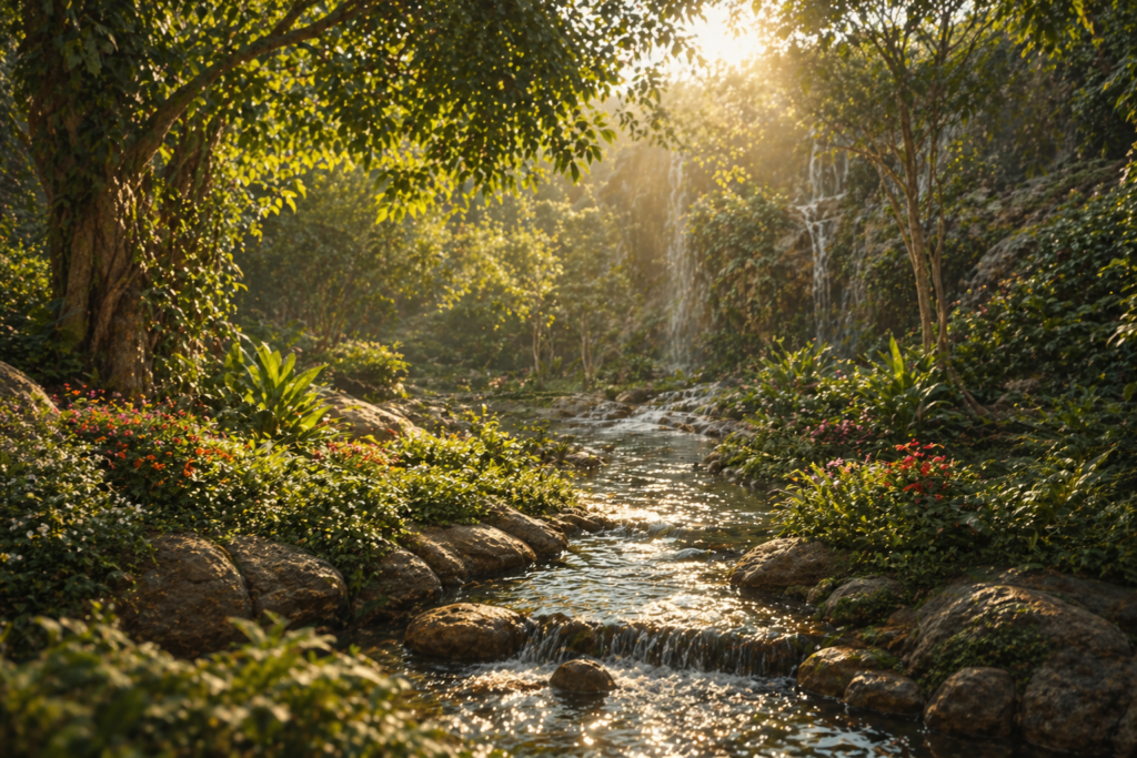 peaceful paradise garden islamic story lush greenery flowing water soft sunlight spiritual environment