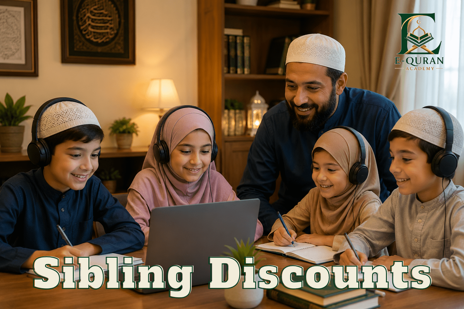 Muslim family with multiple children attending affordable online Quran classes together at home using a laptop and headphones in a warm Islamic learning environment