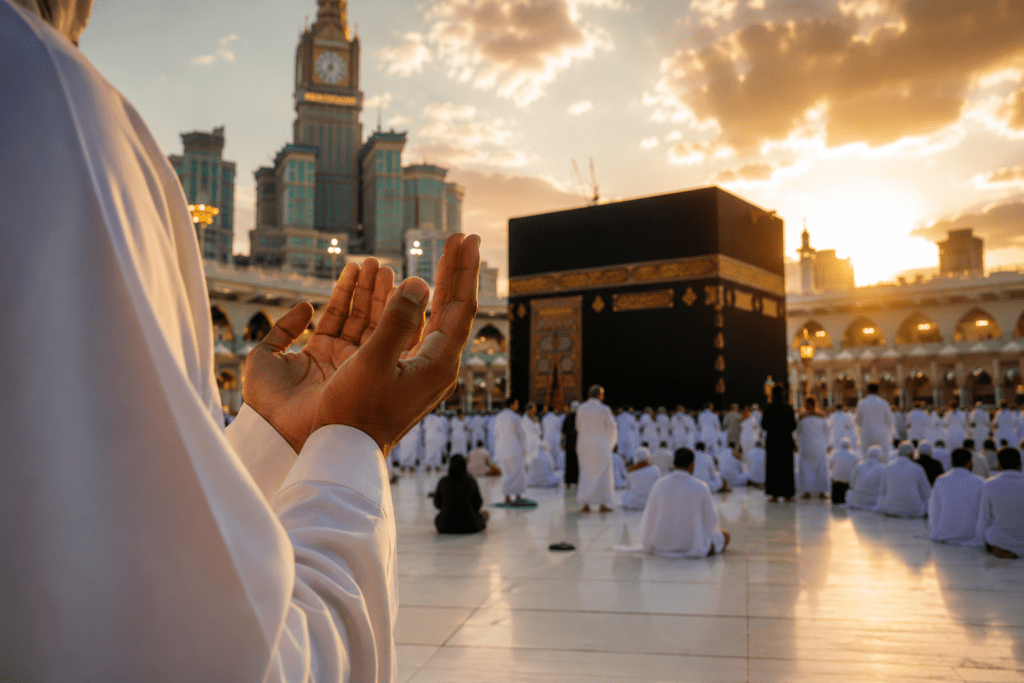 Muslim making dua near the Kaaba in Makkah during the first 10 days of Dhul Hijjah at sunset