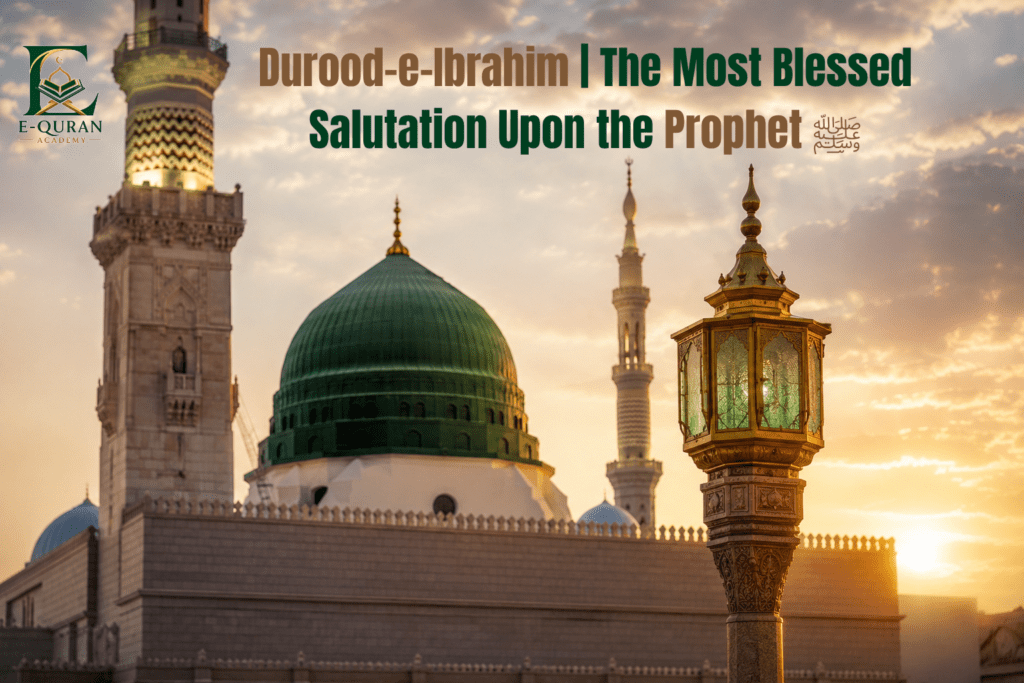 Ultra realistic HD image of Masjid an-Nabawi green dome and minarets at sunrise symbolizing Durood-e-Ibrahim and Islamic blessings