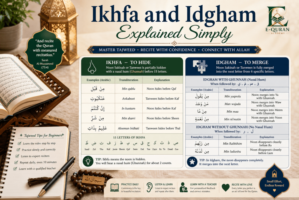 Ultra realistic Tajweed infographic explaining Ikhfa and Idgham rules with Quran, Arabic examples, comparison tables, and beginner-friendly Tajweed tips