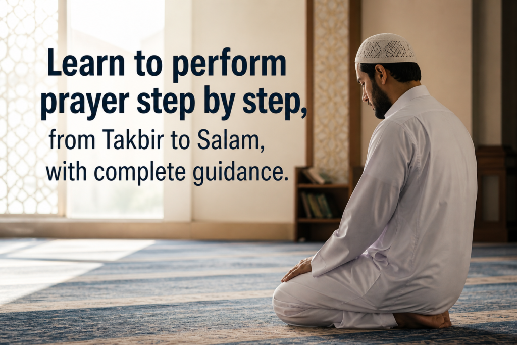 Learn to perform prayer step by step, from Takbir to Salam, with complete guidance.