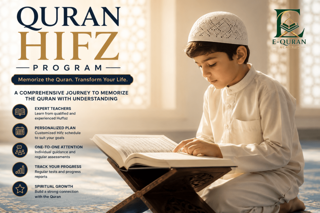 Young Muslim boy reading the Quran during an online Quran Hifz program in a peaceful mosque setting with informative course features displayed beside him.