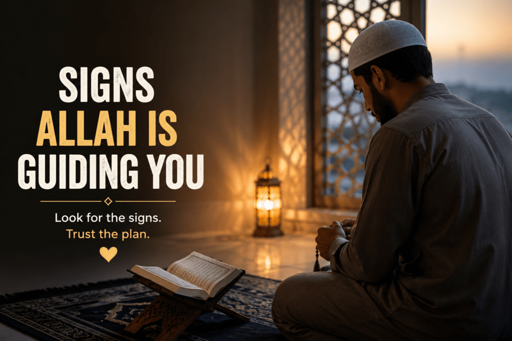 Muslim man praying with Quran in peaceful mosque at night – signs Allah is guiding you toward repentance and prayer