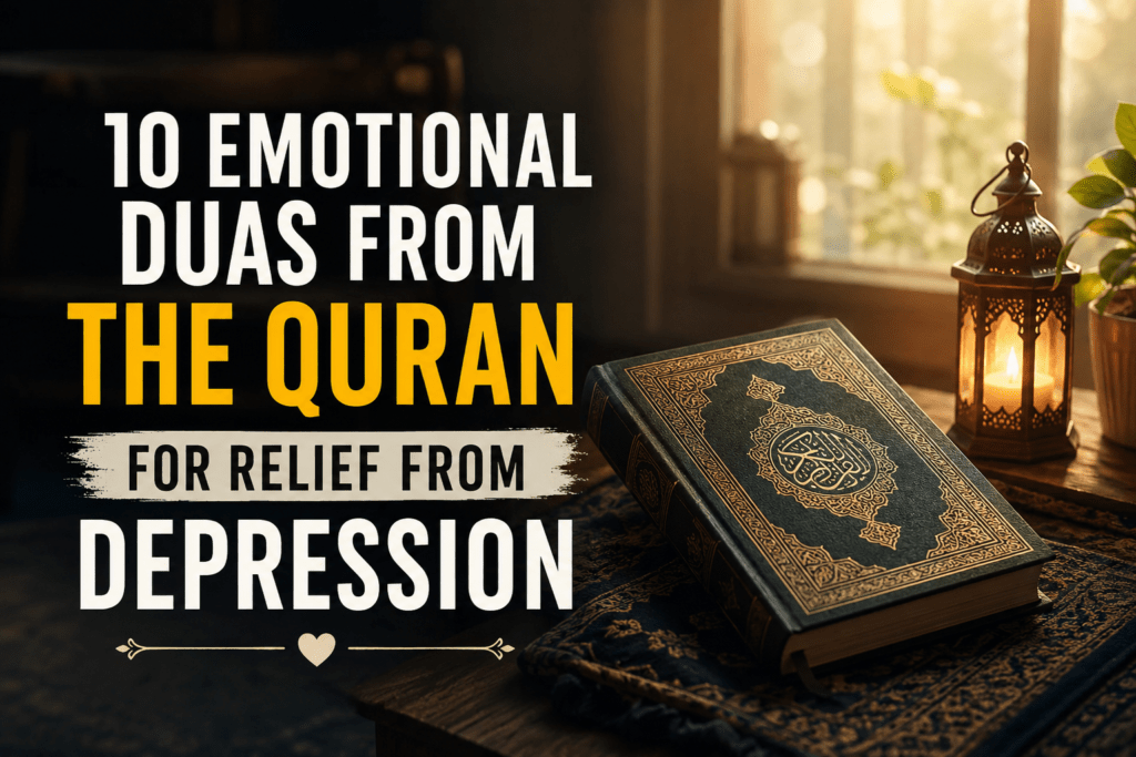 Open Quran with warm light and emotional Islamic background representing Quranic duas for depression, anxiety, stress, and emotional healing.