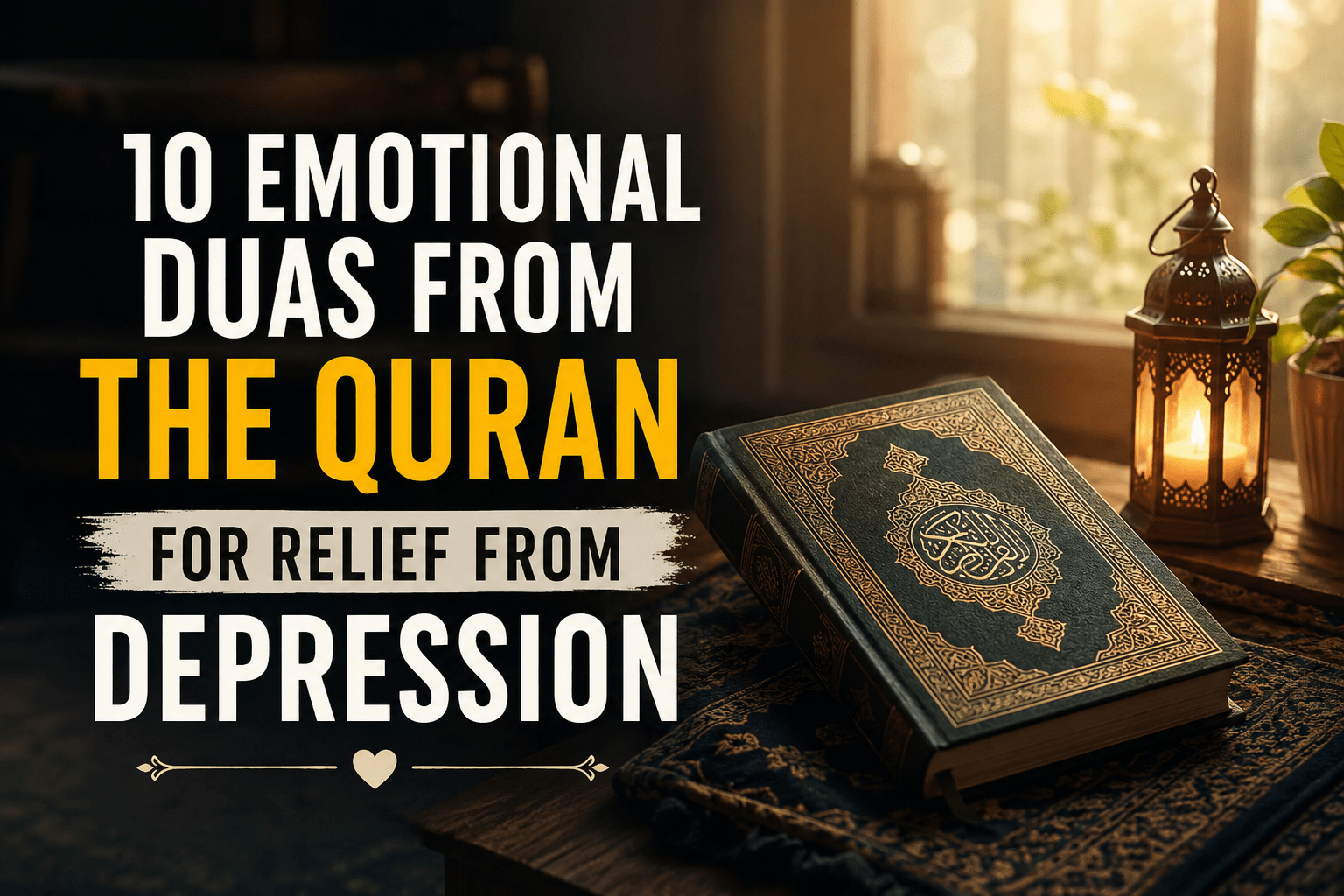 Open Quran with warm light and emotional Islamic background representing Quranic duas for depression, anxiety, stress, and emotional healing.