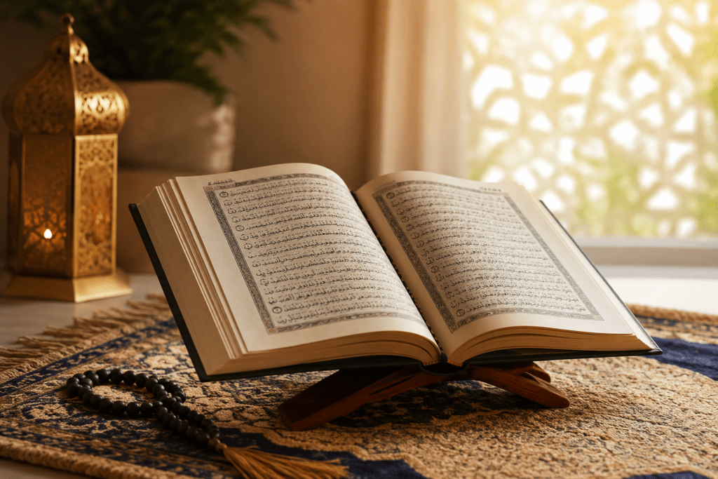 Open Quran showing Surah Yaseen with Islamic geometric pattern background