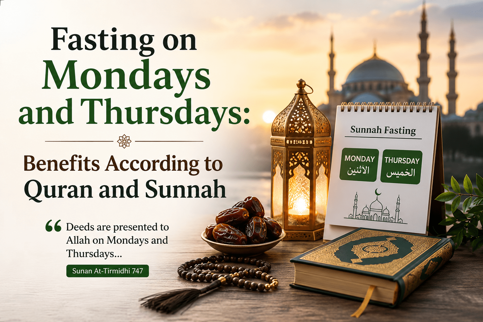 Muslim making dua before iftar with Quran, dates and lantern representing the Sunnah of fasting on Mondays and Thursdays according to the Quran and authentic Hadith.