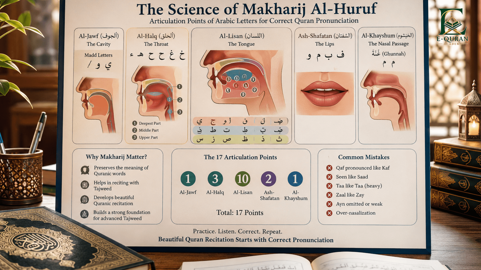 Makharij Al-Huruf infographic showing Quran pronunciation, Arabic letter articulation points, throat, tongue, lips, and nasal passage