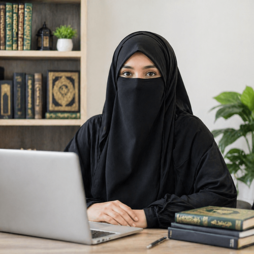 Hafiza Ayesha female quran teacher sitting in office